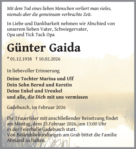 Traueranzeige von Günter Gaida von Gadebusch - Rehnaer Zeitung