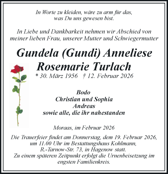Traueranzeige von Gundela Anneliese Rosemarie Turlach von Hagenower Kreisblatt