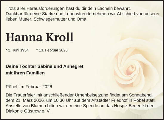 Traueranzeige von Hanna Kroll von Nordkurier Müritz-Zeitung, Nordkurier Mecklenburger Schweiz, Nordkurier Grosso