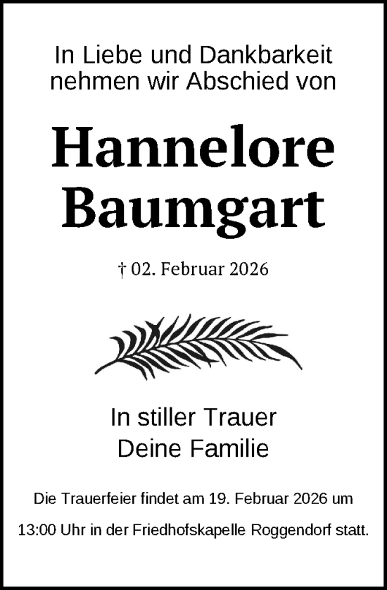 Traueranzeige von Hannelore Baumgart von Gadebusch - Rehnaer Zeitung