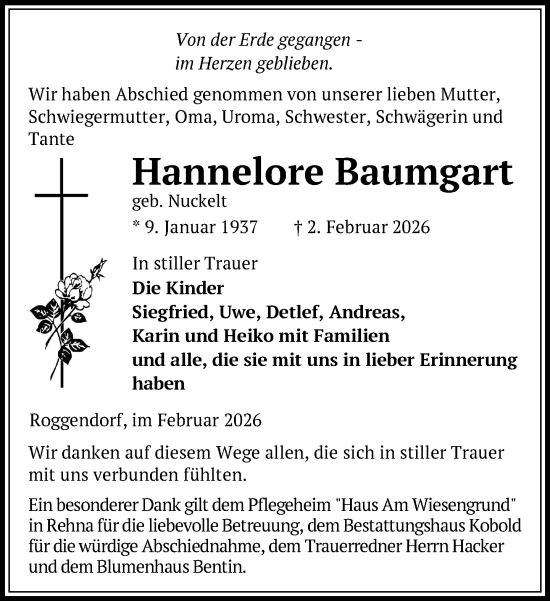 Traueranzeige von Hannelore Baumgart von Gadebusch - Rehnaer Zeitung
