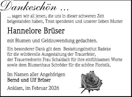 Traueranzeige von Hannelore Brüser von Nordkurier Vorpommern Kurier, Nordkurier Grosso
