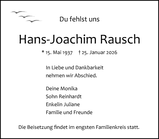Traueranzeige von Hans-Joachim Rausch von Norddeutsche Neueste Nachrichten
