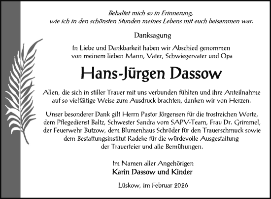 Traueranzeige von Hans-Jürgen Dassow von Nordkurier Vorpommern Kurier, Nordkurier Grosso