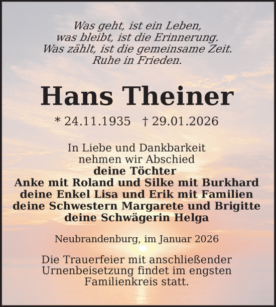 Traueranzeige von Hans Theiner von Nordkurier Neubrandenburger Zeitung