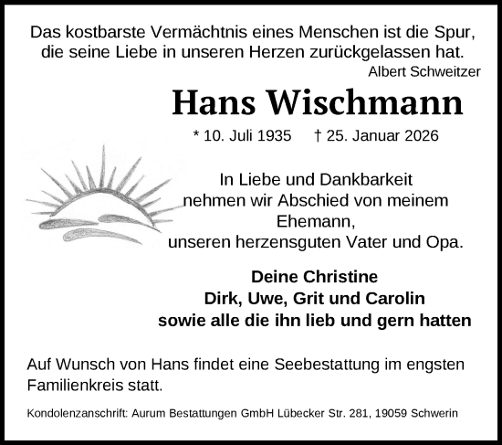 Traueranzeige von Hans Wischmann von Zeitung für die Landeshauptstadt