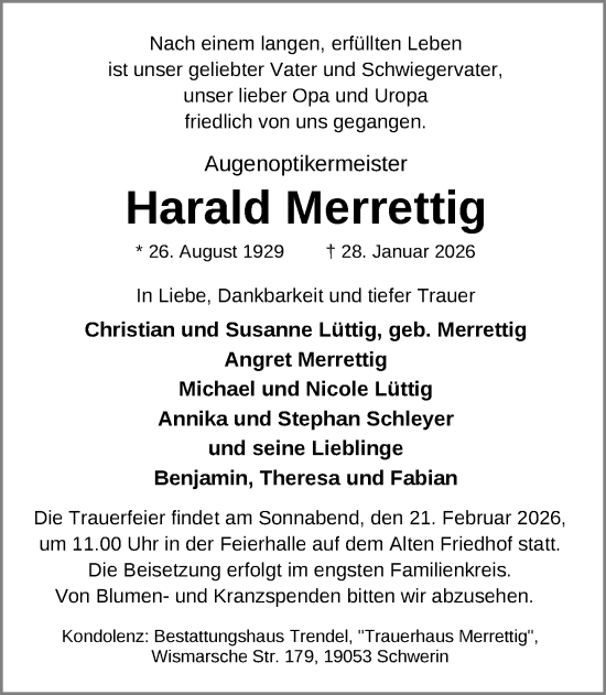 Traueranzeige von Harald Merrettig von Zeitung für die Landeshauptstadt
