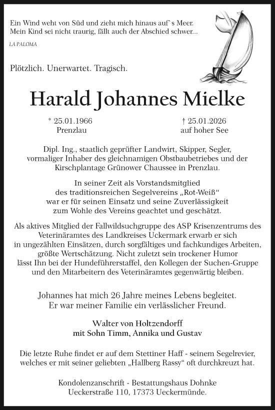 Traueranzeige von Harald Johannes Mielke von Uckermark Kurier Prenzlauer Zeitung