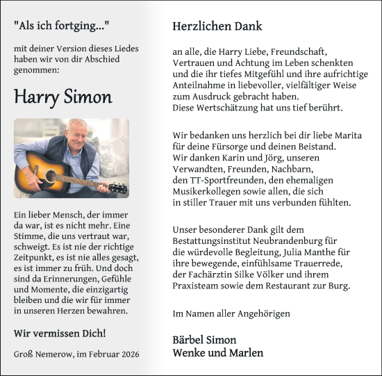 Traueranzeige von Harry Simon von Nordkurier Neubrandenburger Zeitung