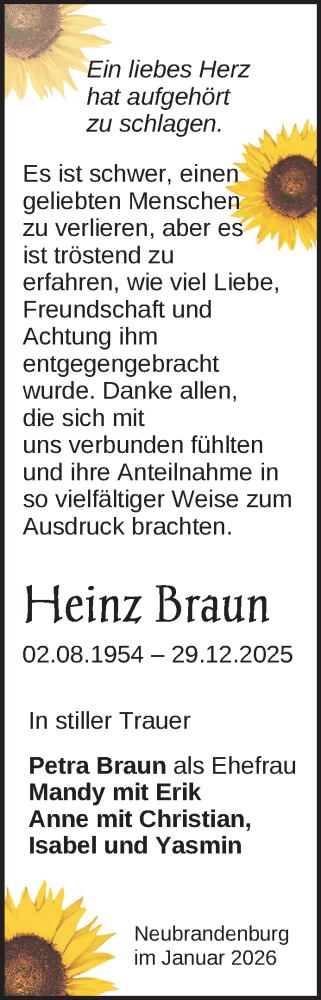 Traueranzeige von Heinz Braun von Nordkurier Neubrandenburger Zeitung