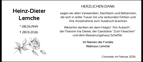 Traueranzeige von Heinz-Dieter Lemcke von Zeitung für die Landeshauptstadt