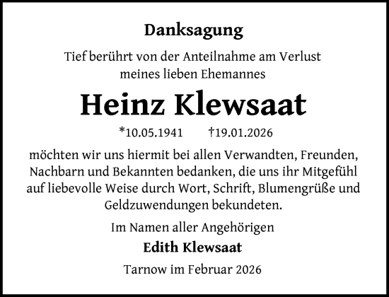 Traueranzeige von Heinz Klewsaat von Güstrow und Bützow