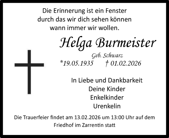 Traueranzeige von Helga Burmeister von Hagenower Kreisblatt