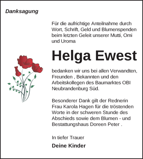 Traueranzeige von Helga Ewest von Nordkurier Neubrandenburger Zeitung