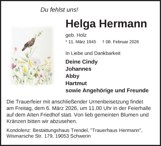 Traueranzeige von Helga Hermann von Zeitung für die Landeshauptstadt