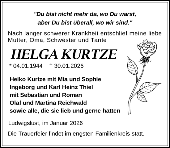 Traueranzeige von Helga Kurtze von Ludwigsluster Tageblatt