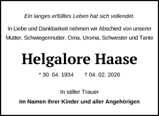 Traueranzeige von Helgalore Haase von Nordkurier Neubrandenburger Zeitung