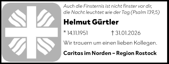 Traueranzeige von Helmut Gürtler von Norddeutsche Neueste Nachrichten