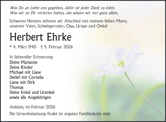 Traueranzeige von Herbert Ehrke von Nordkurier Vorpommern Kurier, Nordkurier Grosso