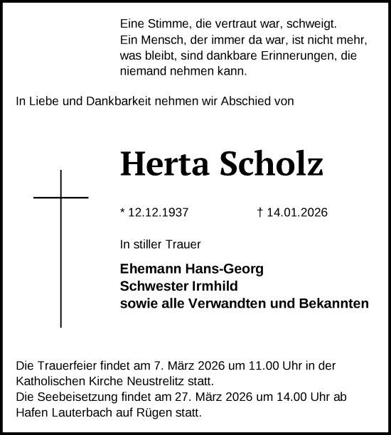 Traueranzeige von Herta Scholz von Nordkurier Strelitzer Zeitung