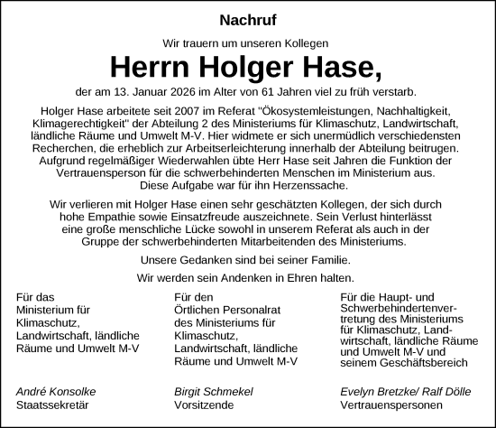 Traueranzeige von Holger Hase von Zeitung für die Landeshauptstadt