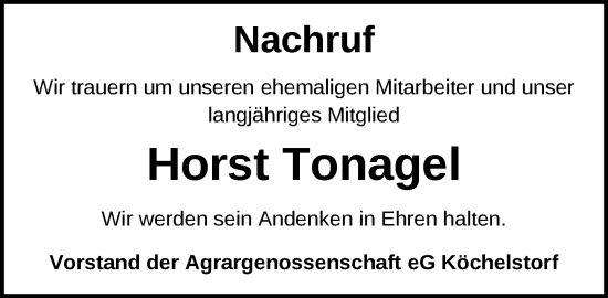 Traueranzeige von Horst Tonagel von Gadebusch - Rehnaer Zeitung