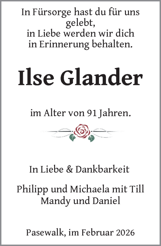 Traueranzeige von Ilse Glander von Nordkurier Pasewalker Zeitung, Nordkurier Grosso