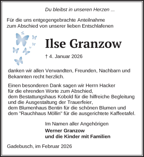 Traueranzeige von Ilse Granzow von Gadebusch - Rehnaer Zeitung