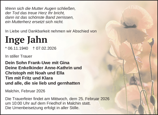 Traueranzeige von Inge Jahn von Nordkurier Mecklenburger Schweiz, Nordkurier Grosso