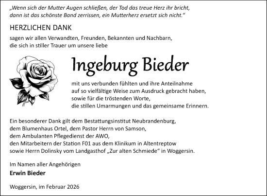 Traueranzeige von Ingeburg Bieder von Nordkurier Neubrandenburger Zeitung
