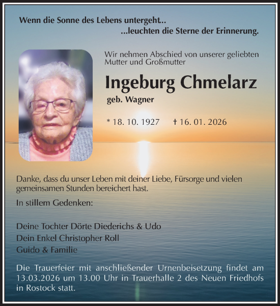 Traueranzeige von Ingeburg Chmelarz von Norddeutsche Neueste Nachrichten