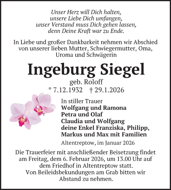 Traueranzeige von Ingeburg Siegel von Nordkurier Neubrandenburger Zeitung, Nordkurier Grosso