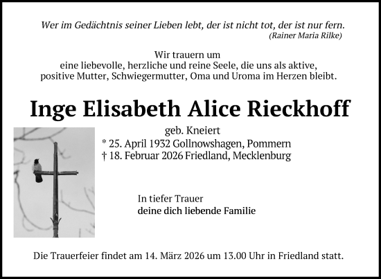 Traueranzeige von Inge Elisabeth Alice Rieckhoff von Nordkurier Neubrandenburger Zeitung
