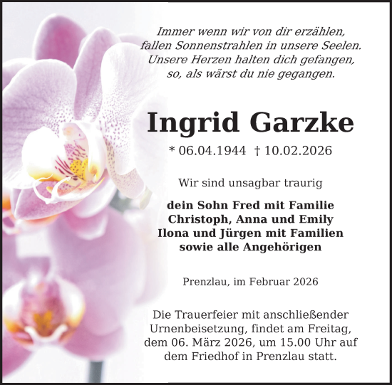 Traueranzeige von Ingrid Garzke von Uckermark Kurier Prenzlauer Zeitung