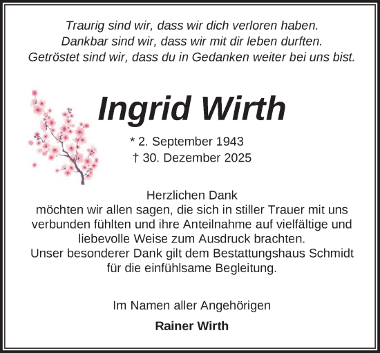 Traueranzeige von Ingrid Wirth von Zeitung für die Landeshauptstadt