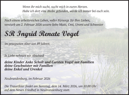 Traueranzeige von Ingrid Renate Vogel von Nordkurier Neubrandenburger Zeitung, Nordkurier Grosso