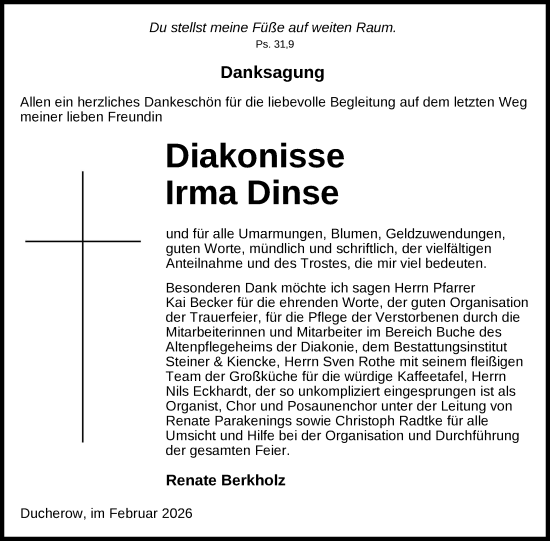 Traueranzeige von Irma Dinse von Nordkurier Vorpommern Kurier, Nordkurier Grosso