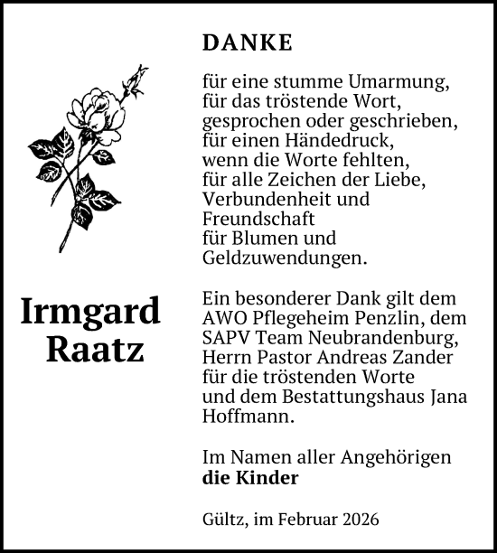 Traueranzeige von Irmgard Raatz von Nordkurier Neubrandenburger Zeitung