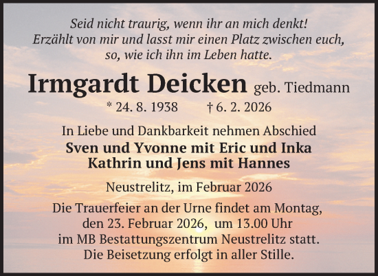 Traueranzeige von Irmgardt Deicken von Nordkurier Strelitzer Zeitung