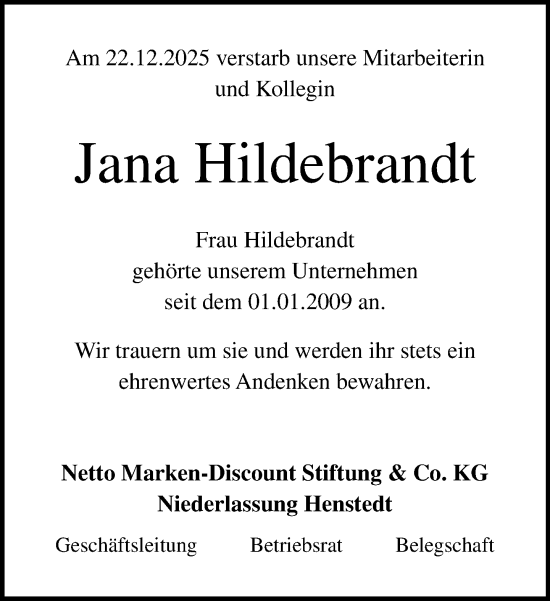Traueranzeige von Jana Hildebrandt von Norddeutsche Neueste Nachrichten