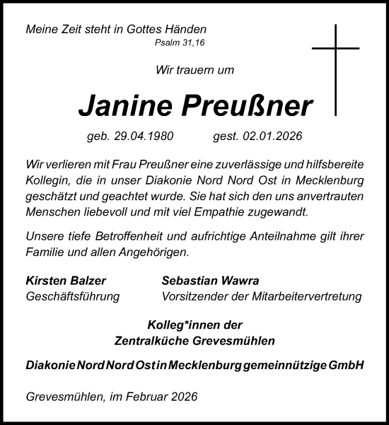 Traueranzeige von Janine Preußner von Norddeutsche Neueste Nachrichten