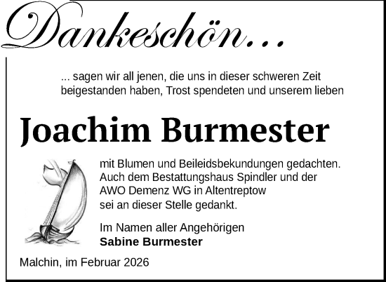 Traueranzeige von Joachim Burmester von Nordkurier Mecklenburger Schweiz, Nordkurier Grosso