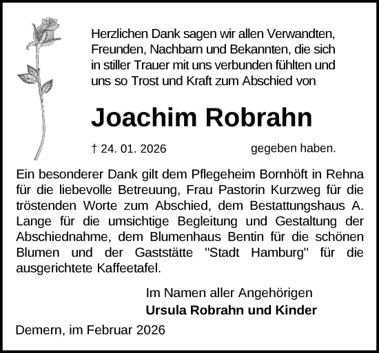 Traueranzeige von Joachim Robrahn von Gadebusch - Rehnaer Zeitung