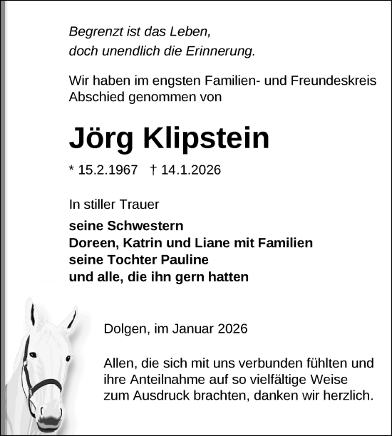 Traueranzeige von Jörg Klipstein von Nordkurier Strelitzer Zeitung