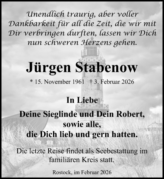Traueranzeige von Jürgen Stabenow von Norddeutsche Neueste Nachrichten