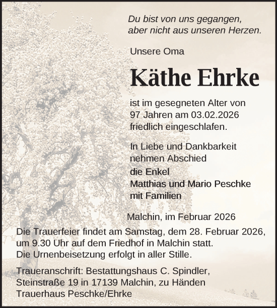 Traueranzeige von Käthe Ehrke von Nordkurier Mecklenburger Schweiz, Nordkurier Grosso
