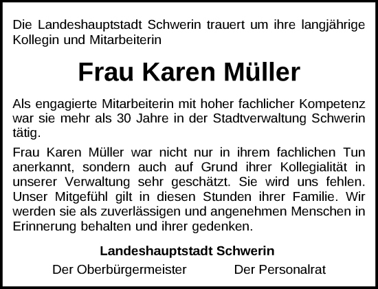 Traueranzeige von Karen Müller von Zeitung für die Landeshauptstadt