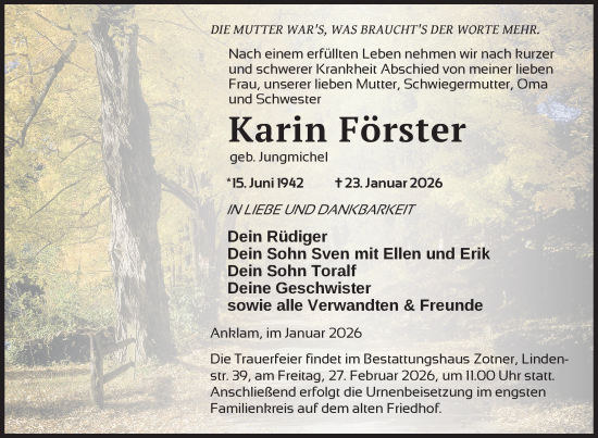 Traueranzeige von Karin Förster von Nordkurier Neubrandenburger Zeitung, Nordkurier Vorpommern Kurier, Nordkurier Grosso