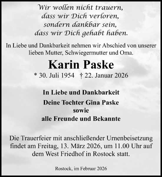 Traueranzeige von Karin Paske von Norddeutsche Neueste Nachrichten