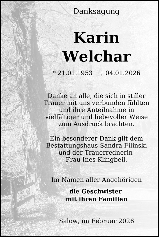 Traueranzeige von Karin Welchar von Nordkurier Neubrandenburger Zeitung